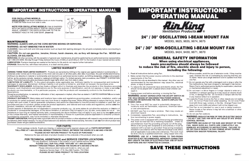 Page 1 de la notice Manuel utilisateur Air King 9635