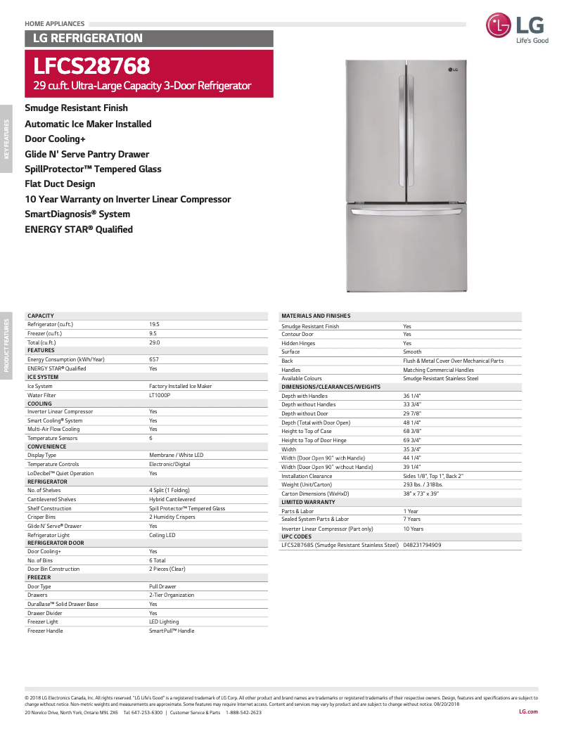 Page 1 de la notice Fiche technique LG LFCS28768S