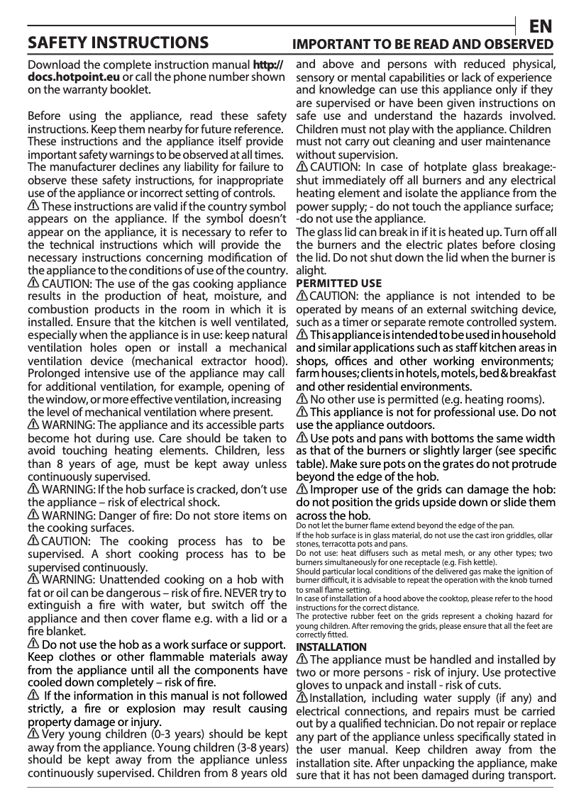 Page 1 de la notice Instructions / montage Hotpoint PPH 60G DF IX UK