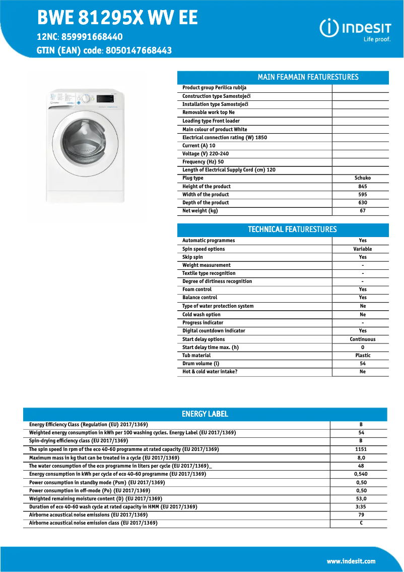 Página 1 del manual Ficha técnica Indesit BWE 81295X WV EE