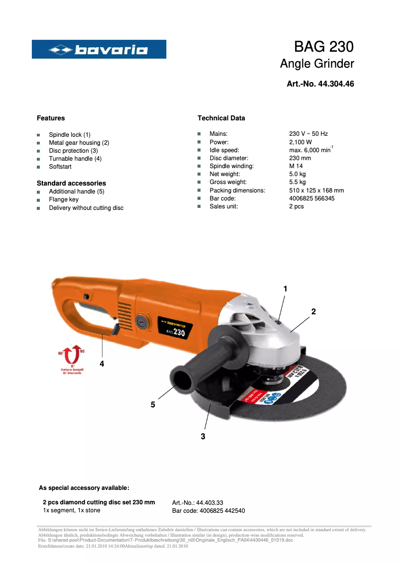 Page 1 de la notice Fiche technique Bavaria BAG 230