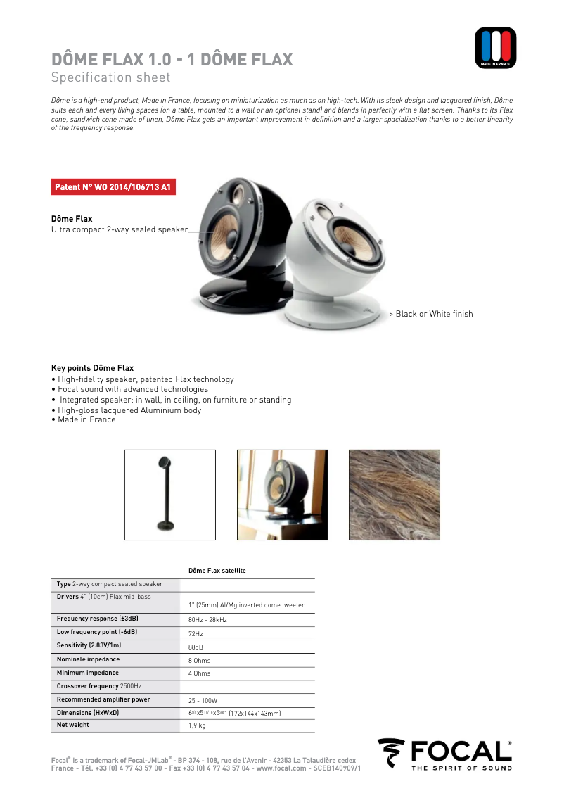 Page 1 de la notice Fiche technique Focal Dome Flax