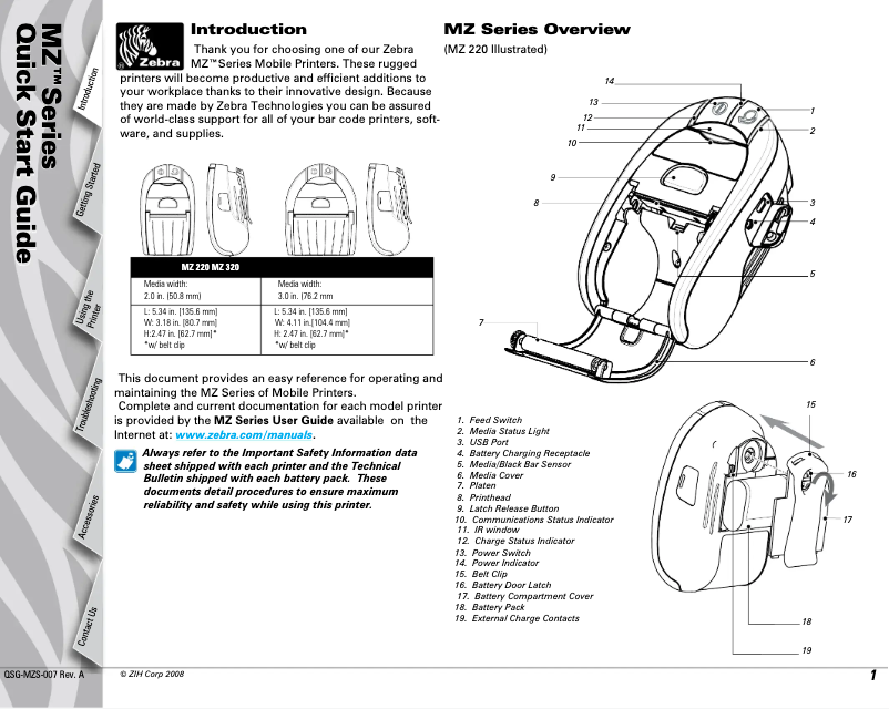 Page 1 de la notice Manuel utilisateur Zebra MZ 320
