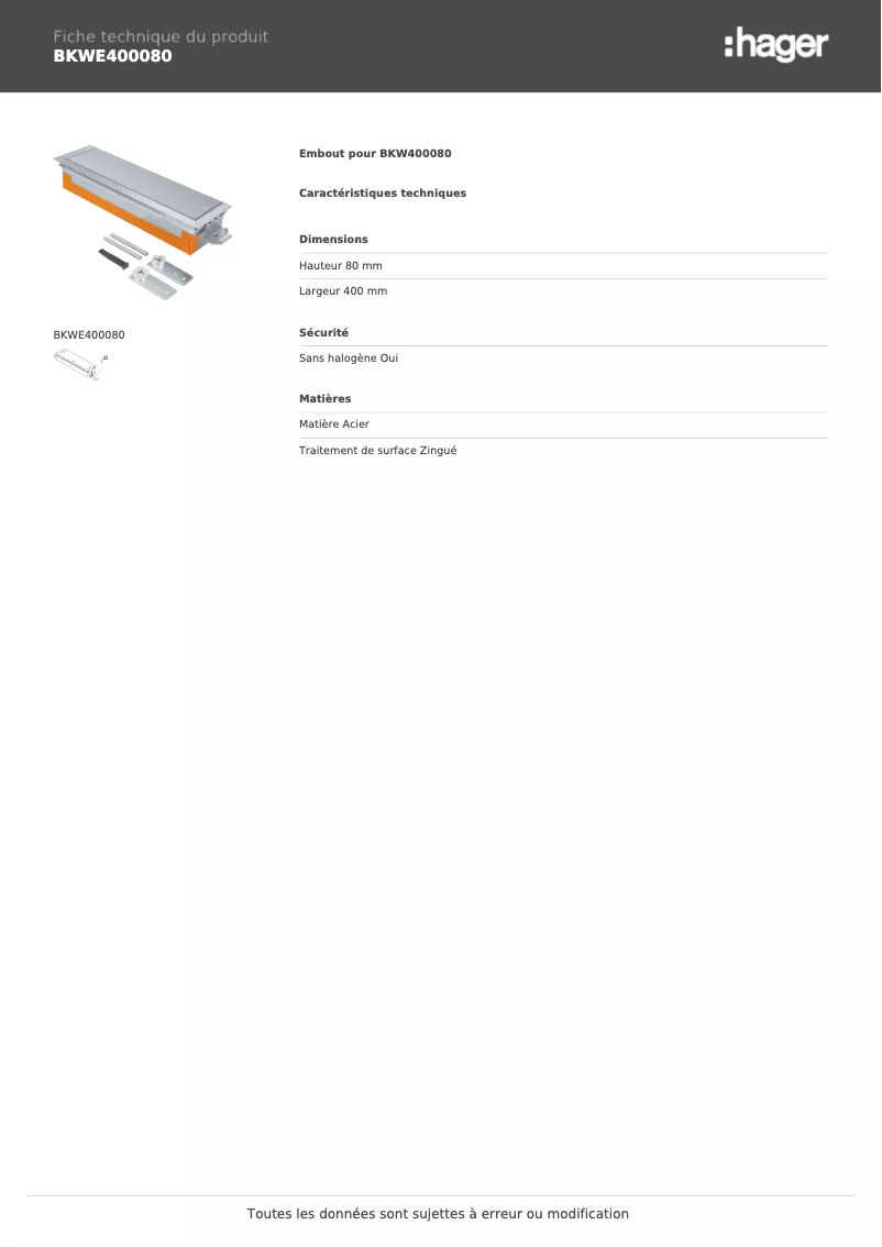 Page 1 de la notice Fiche technique Hager BKWE400080