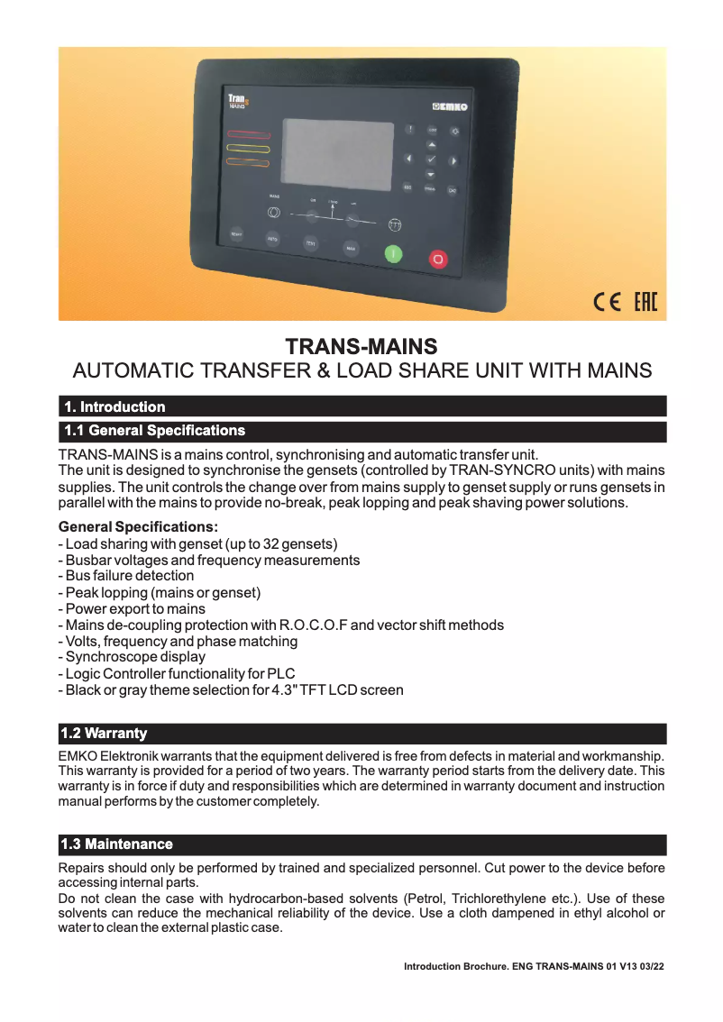 Page 1 de la notice Brochure Emko TRANS MAINS