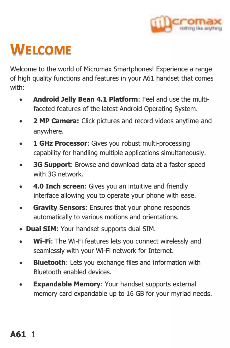 Page 1 de la notice Manuel utilisateur Micromax Bolt A61