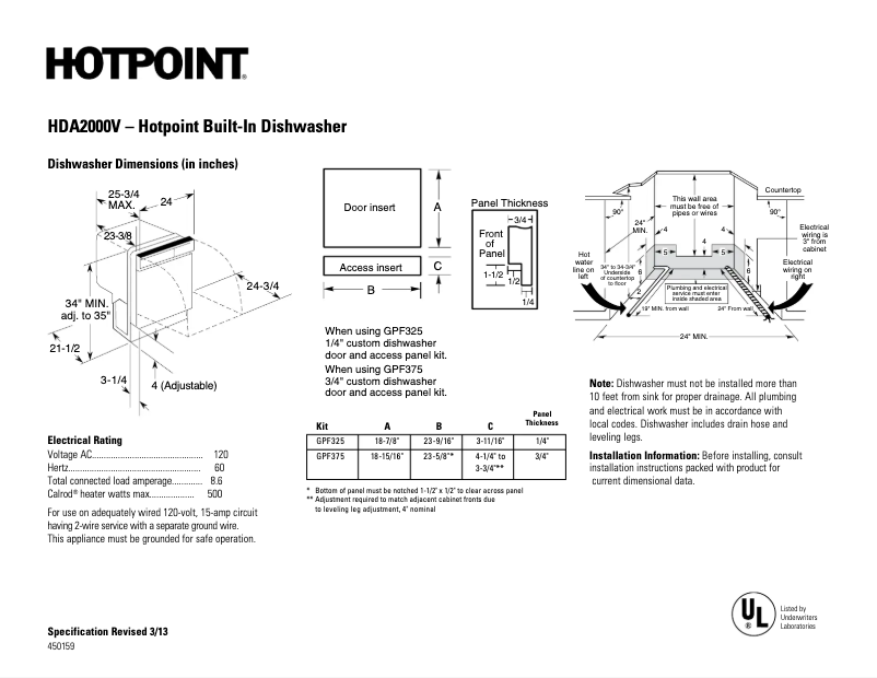 Página 1 del manual Ficha técnica Hotpoint HDA2000VWW
