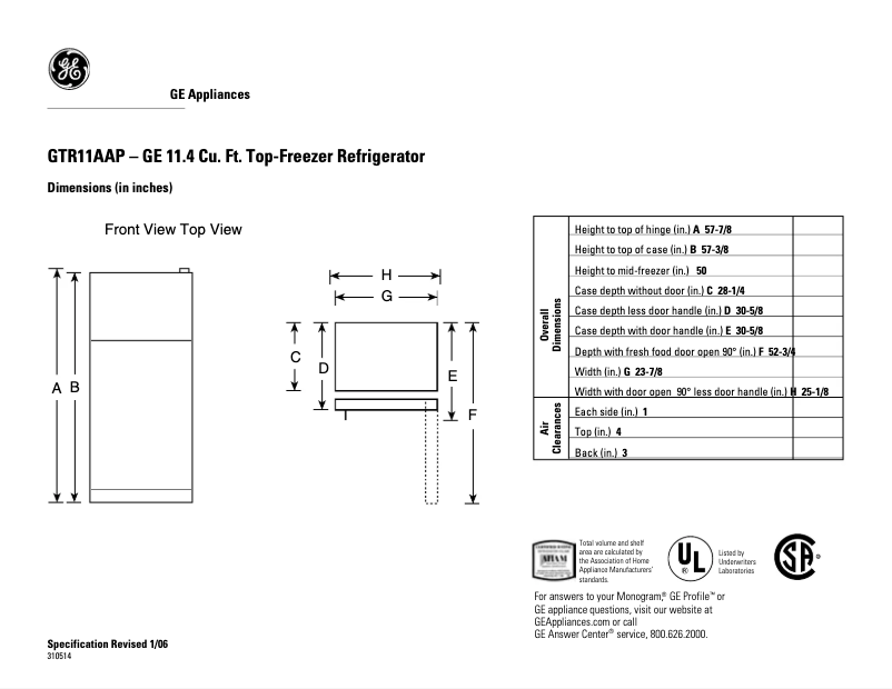 Page 1 de la notice Fiche technique GE GTR11AAPRWW
