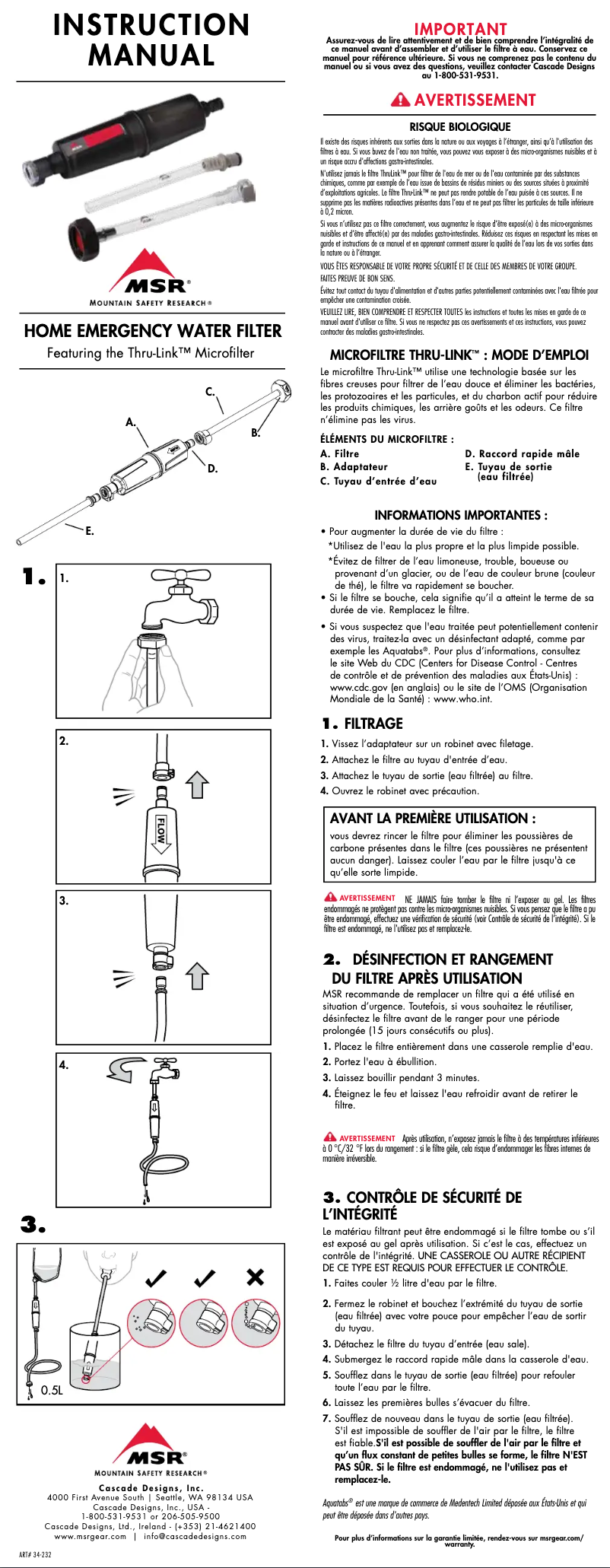 Page 1 de la notice Manuel utilisateur MSR Home Emergency Water Filter