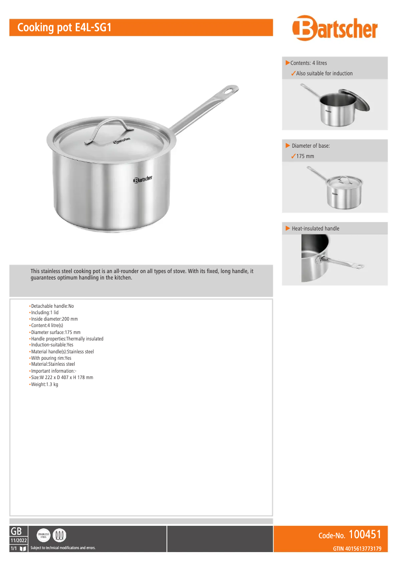 Page n°1 - Fiche technique Bartscher E4L-SG1
