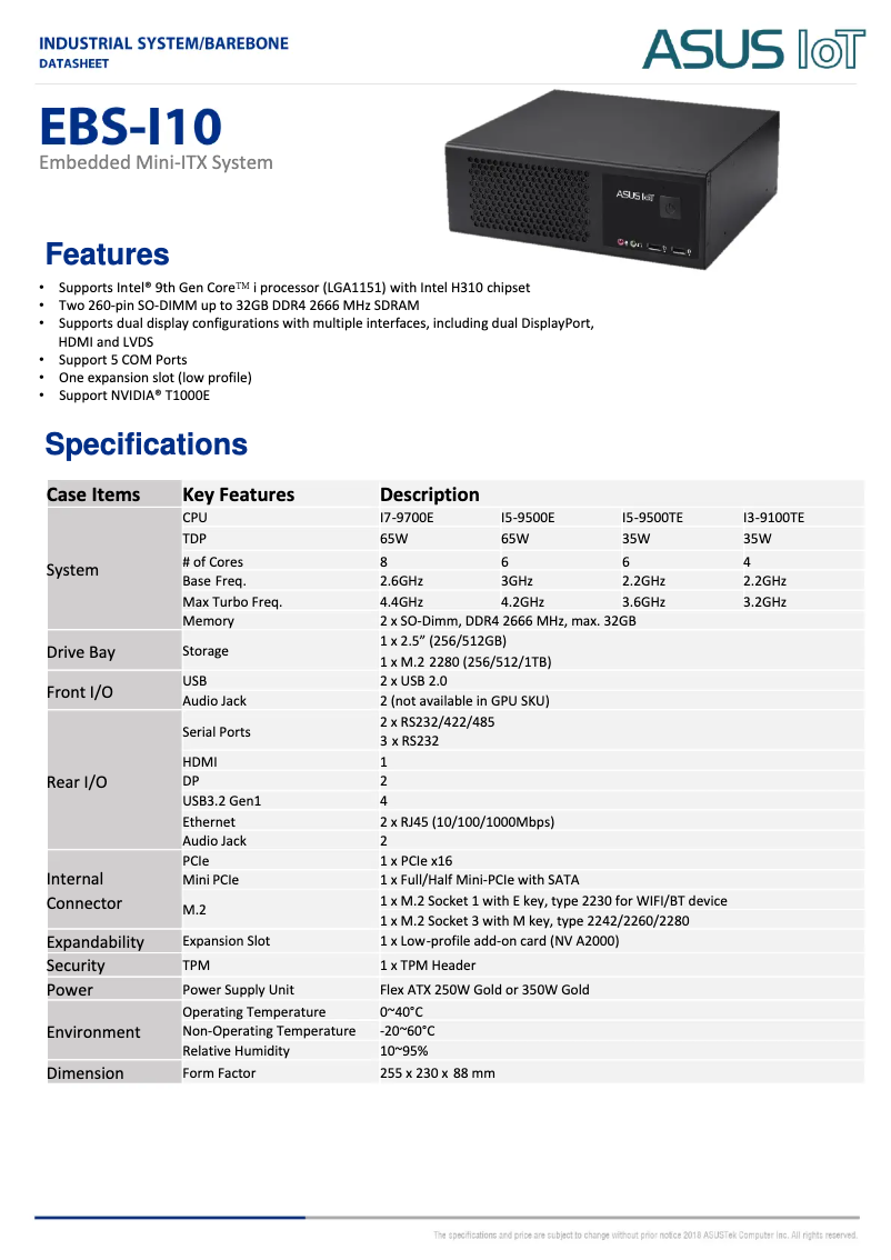 Page 1 de la notice Fiche technique Asus EBS-I10
