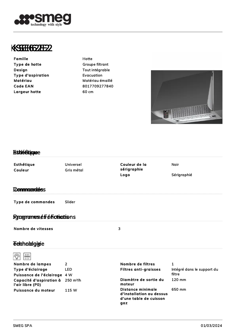 Page n°1 - Fiche technique Smeg KSEI62E2
