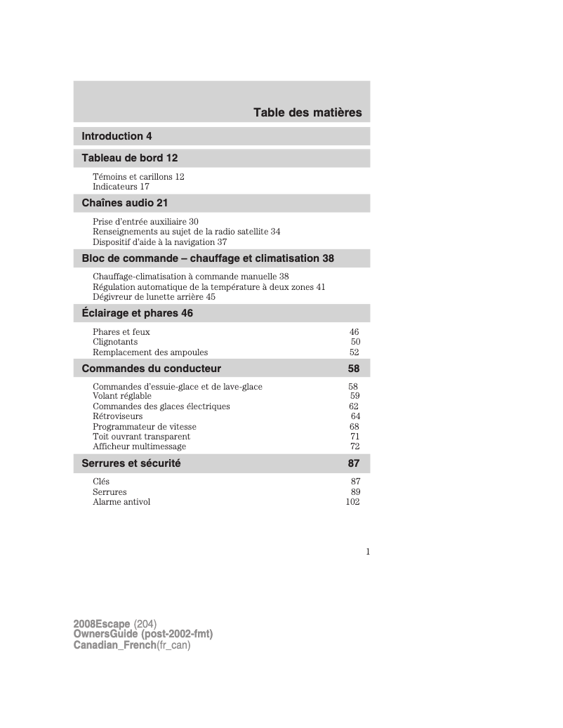Page n°1 - Manuel utilisateur Ford Escape (2008)