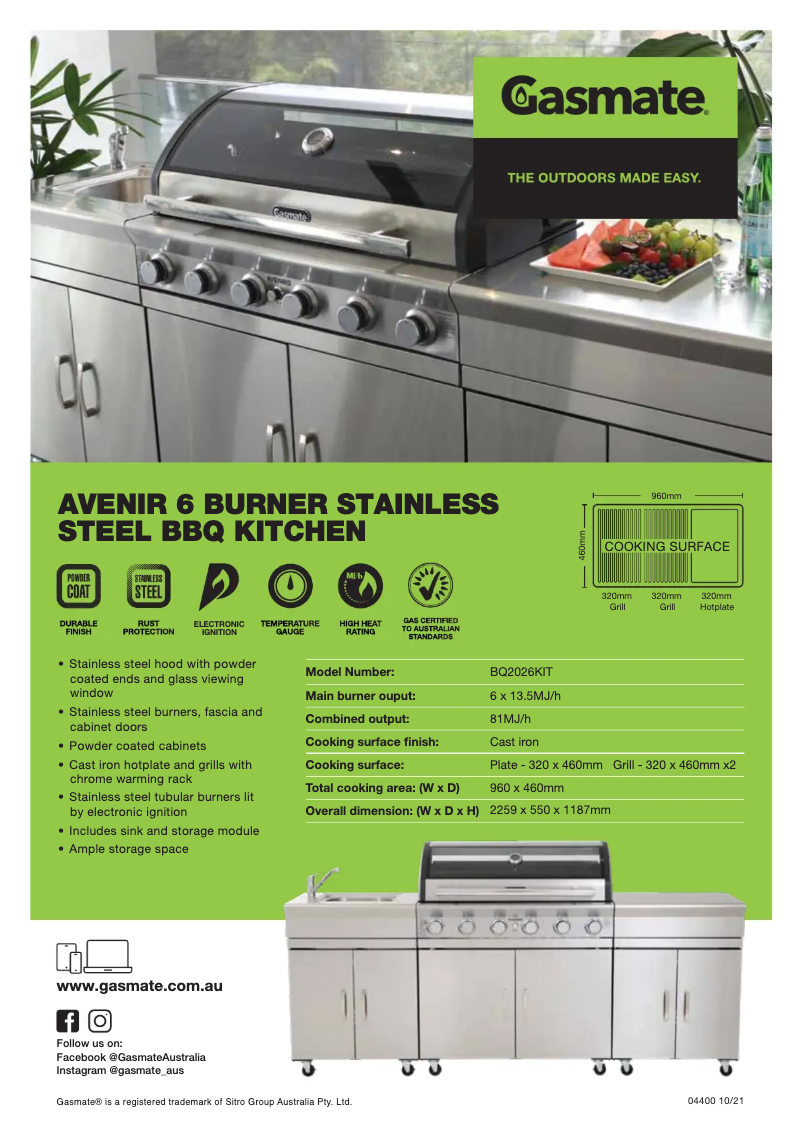 Page 1 de la notice Fiche technique Gasmate Avenir BQ2026KIT