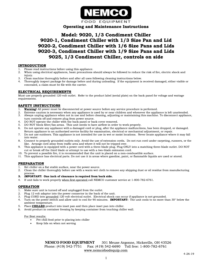 Page 1 de la notice Manuel utilisateur Nemco 9020-2