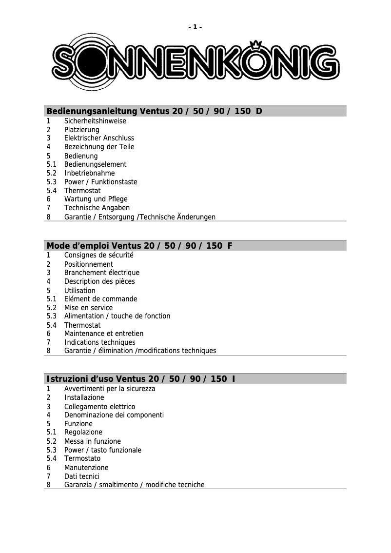 Page 1 de la notice Manuel utilisateur Sonnenkönig Ventus 150