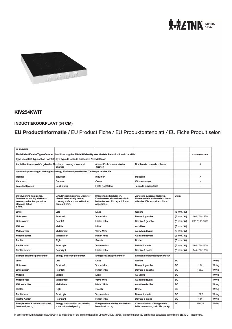 Page 1 de la notice Fiche technique Etna KIV254KWIT