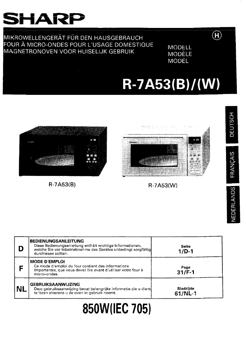 Page 1 de la notice Manuel utilisateur Sharp R-7A53B