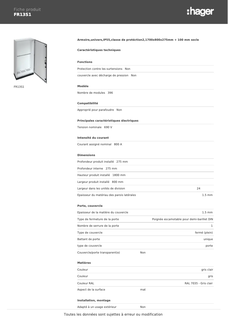 Page n°1 - Fiche technique Hager FR13S1