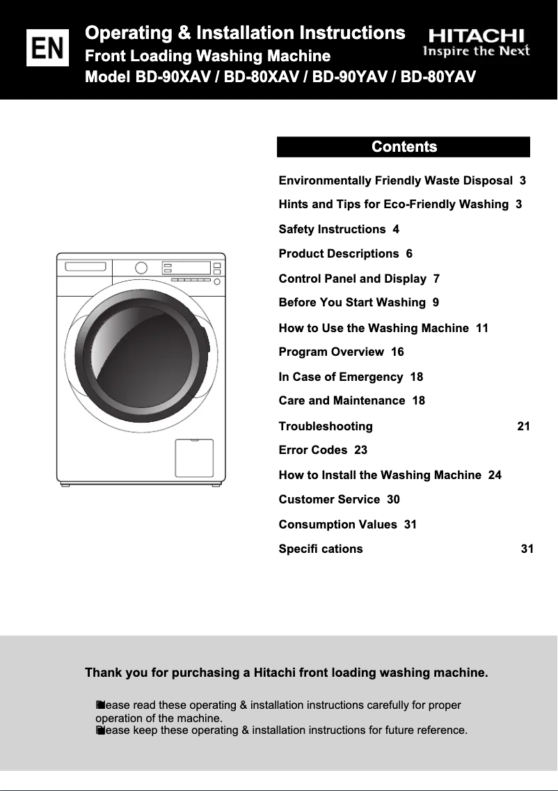 Page 1 de la notice Manuel utilisateur Hitachi BD-90YAV