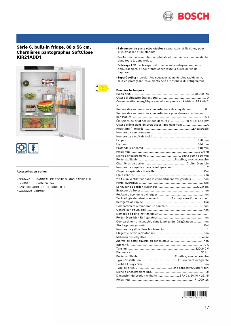 Página 1 del manual Ficha técnica Bosch KIR21ADD1