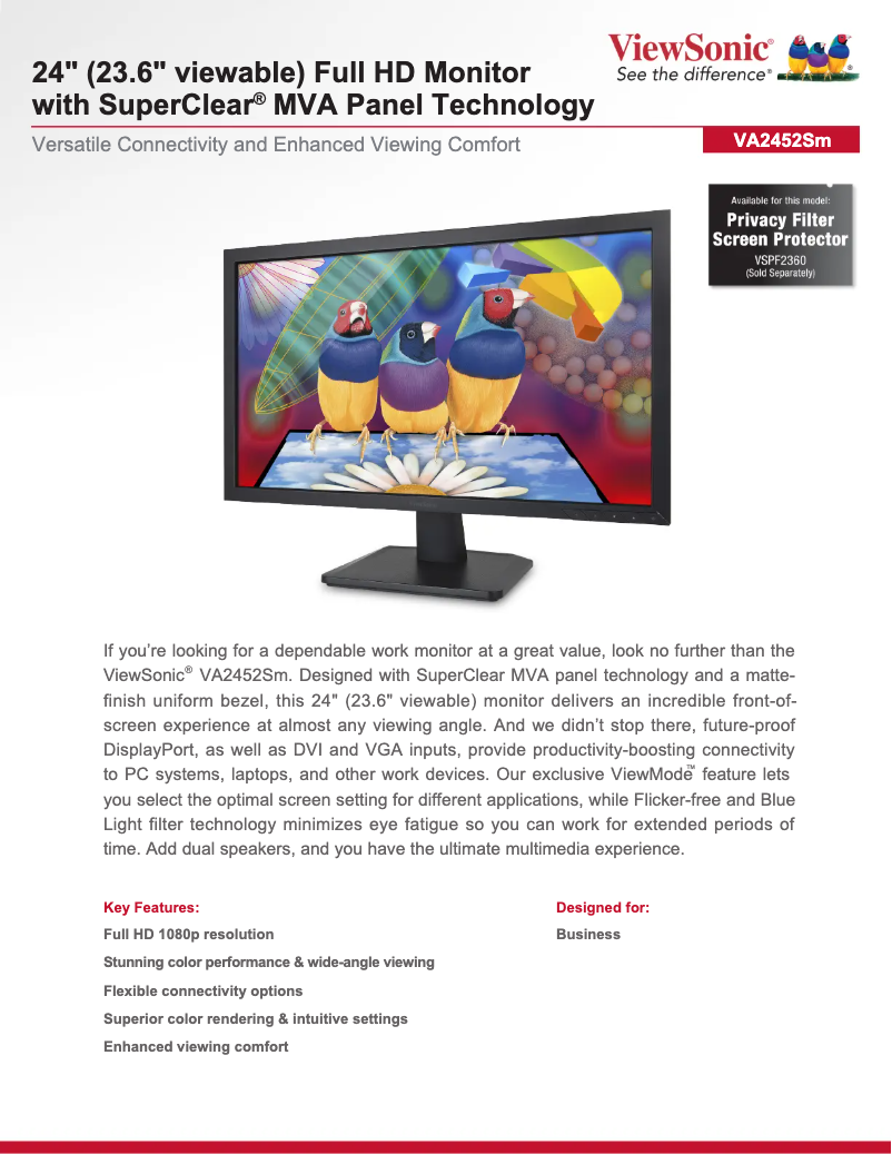 Page 1 de la notice Fiche technique Viewsonic VA2452SM