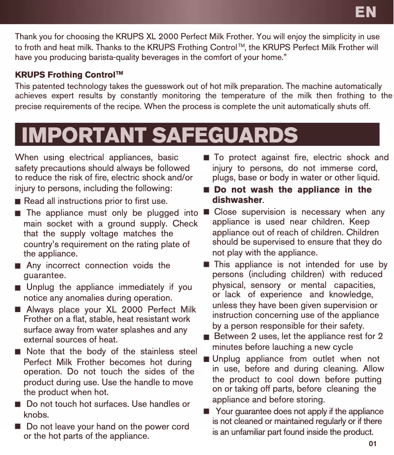 Page 1 de la notice Manuel utilisateur Krups Asoccino XL2000