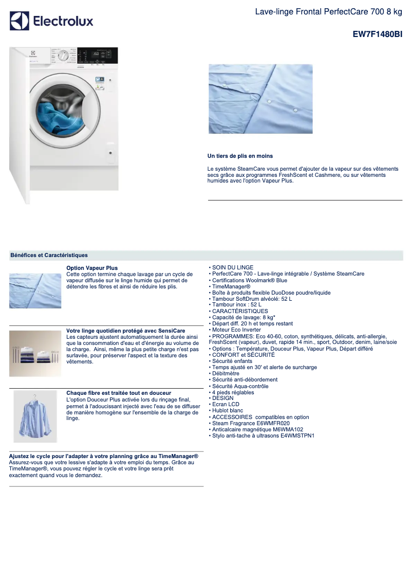 Page 1 de la notice Fiche technique Electrolux EW7F1480BI