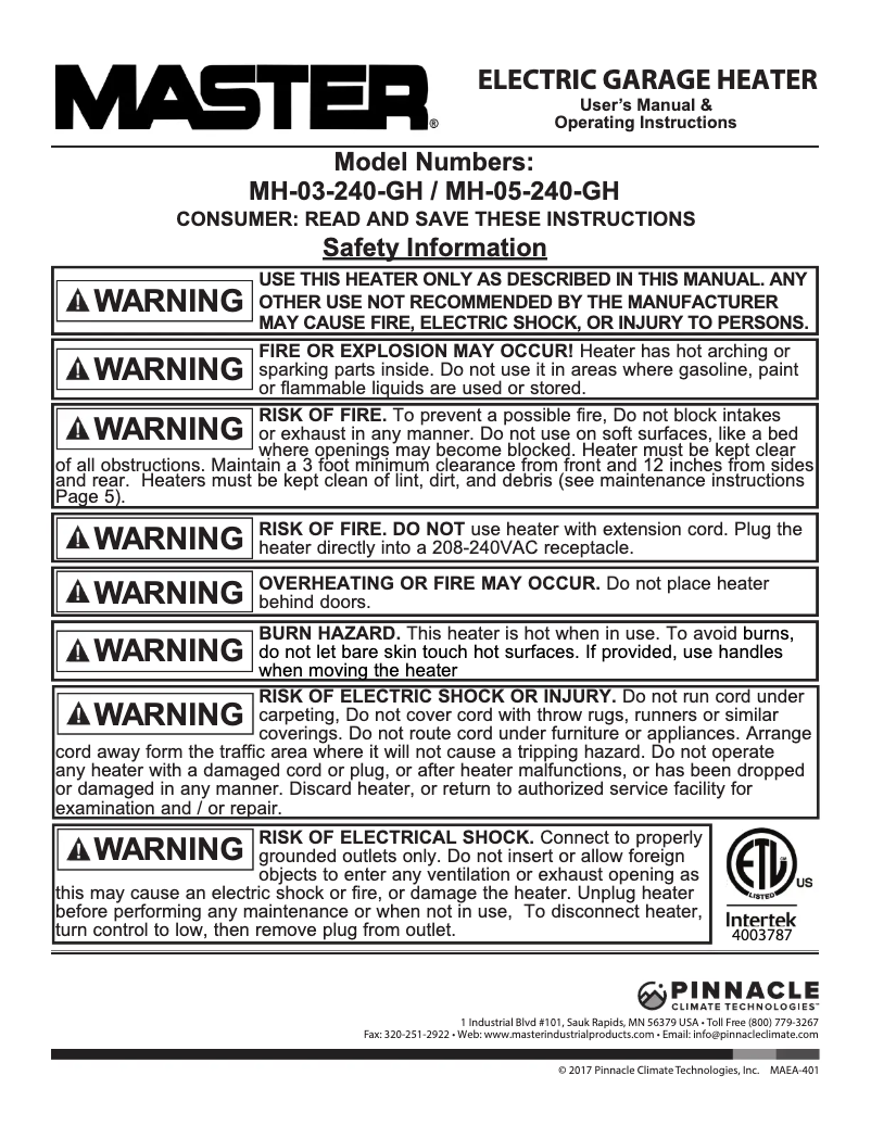 Page n°1 - Manuel utilisateur Master MH-05-240-GH