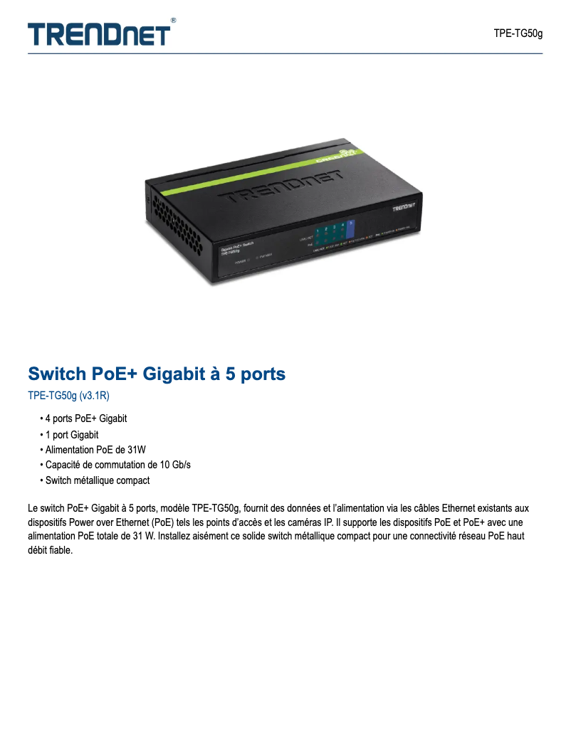 Page 1 de la notice Fiche technique TRENDnet TPE-TG50g