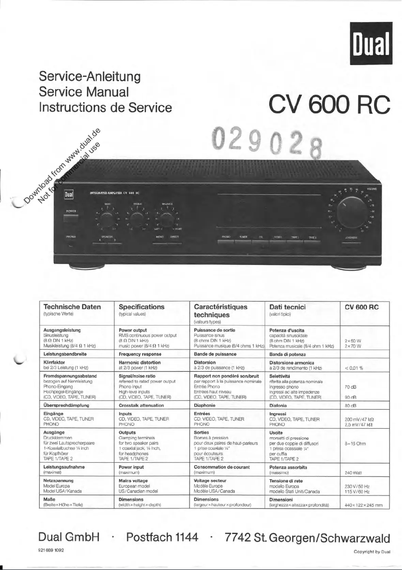 Page 1 de la notice Manuel utilisateur Dual CV 600