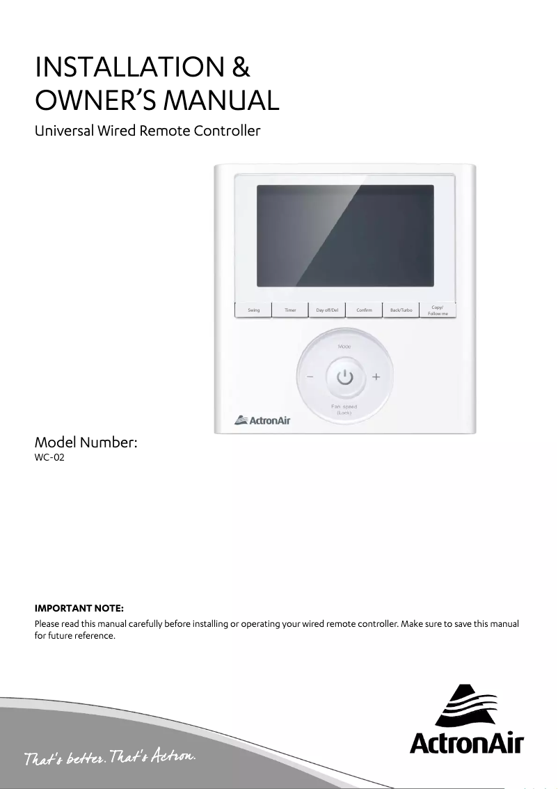 Page 1 de la notice Manuel utilisateur ActronAir URC-125CS