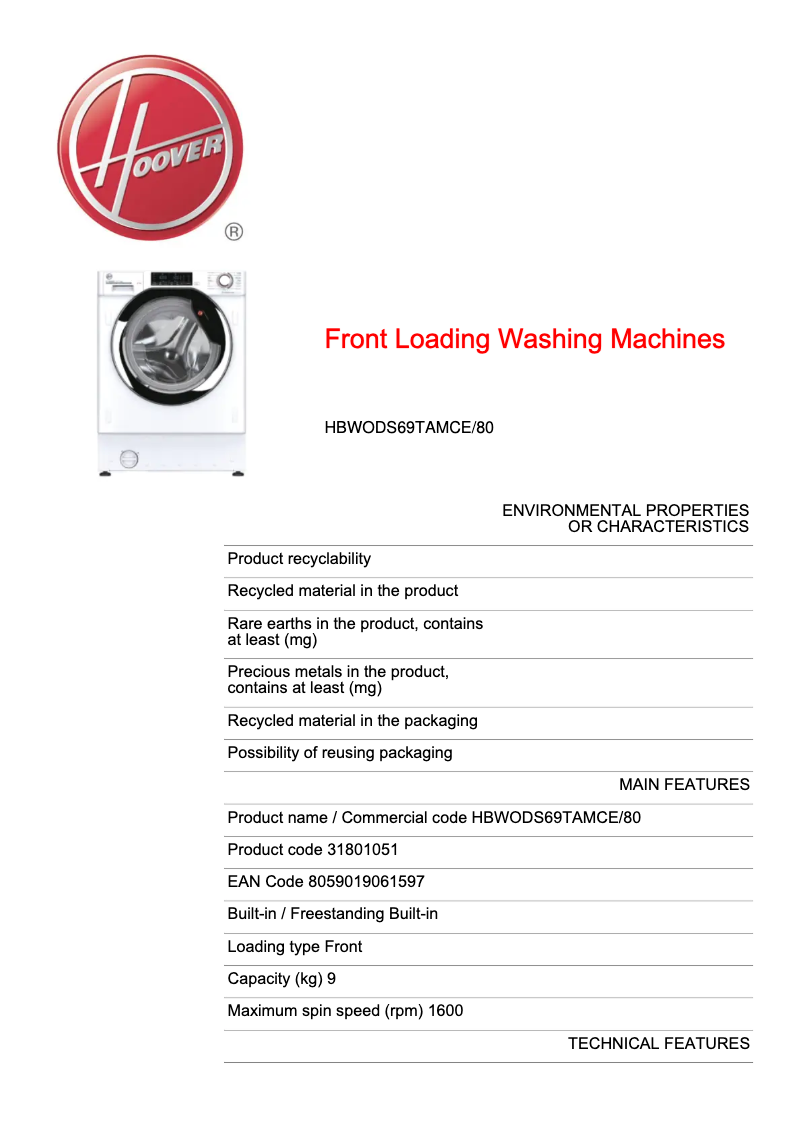 Page 1 de la notice Fiche technique Hoover HBWODS69TAMCE/80