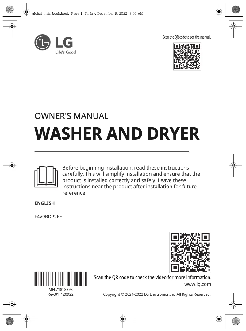 Page 1 de la notice Manuel utilisateur LG F4V9BDP2EE