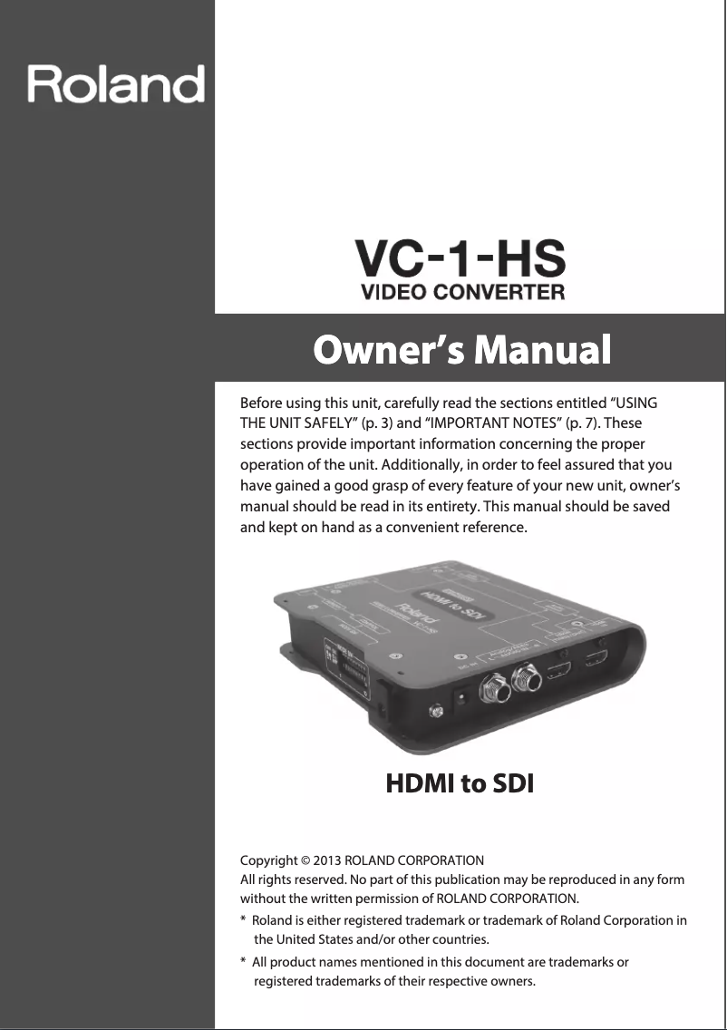 Page n°1 - Manuel utilisateur Roland VC-1-HS