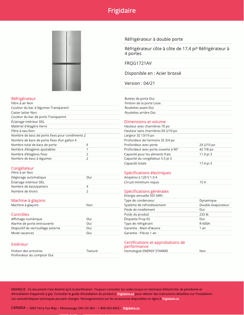 Image de la première page du manuel de l'appareil FRQG1721AV