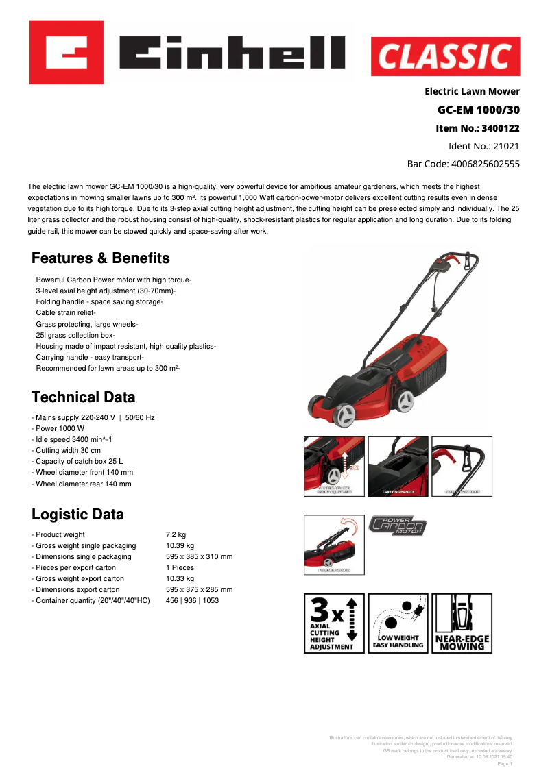 Page n°1 - Fiche technique Einhell GC-EM 1000/30