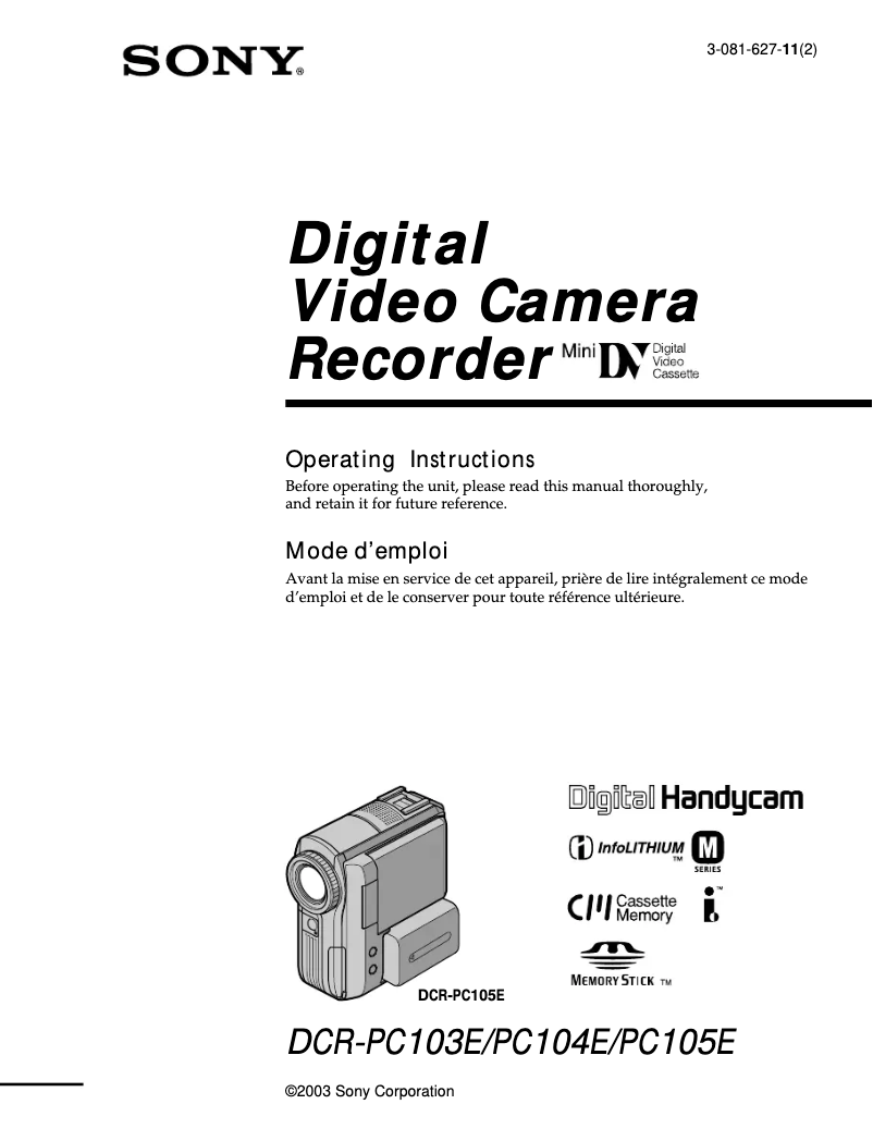 Page 1 de la notice Manuel utilisateur Sony DCR-PC103E