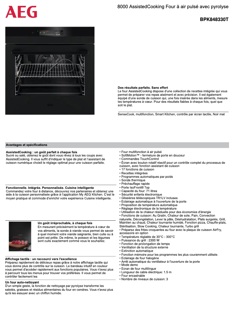 Page 1 de la notice Fiche technique AEG BPK848330T