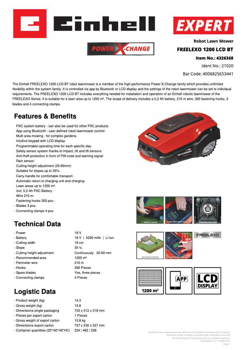 Página 1 del manual Ficha técnica Einhell FREELEXO 1200 LCD BT