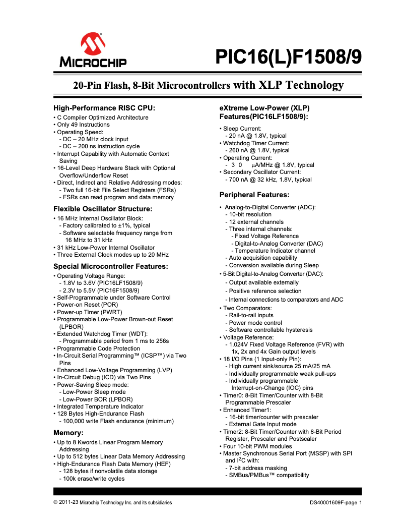 Page 1 de la notice Fiche technique Microchip PIC16F1508