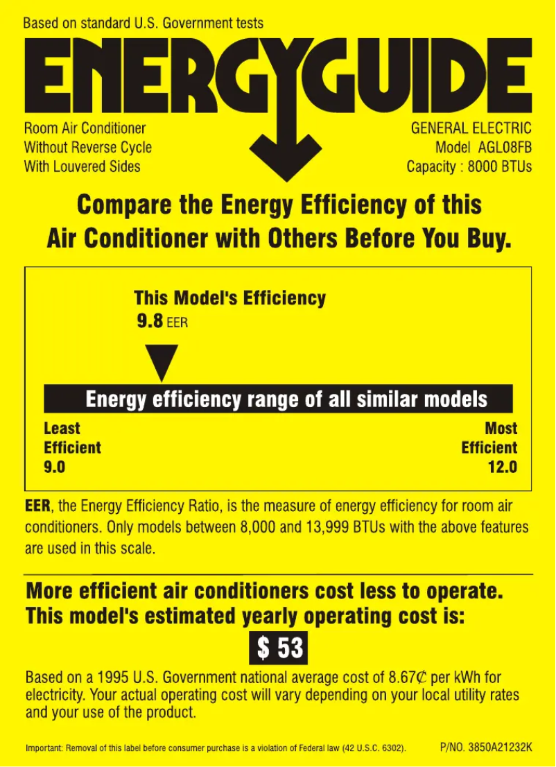 Page 1 de la notice Label énergétique GE AGL08FB