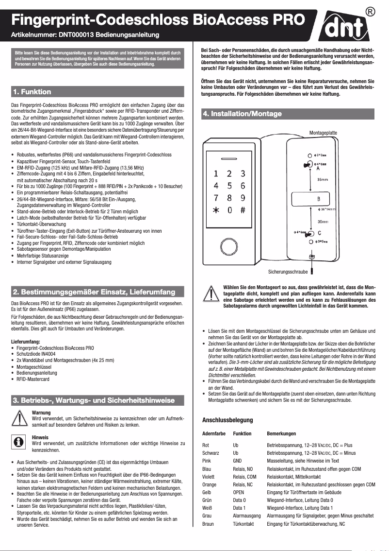 Page n°1 - Manuel utilisateur dnt BioAccess PRO