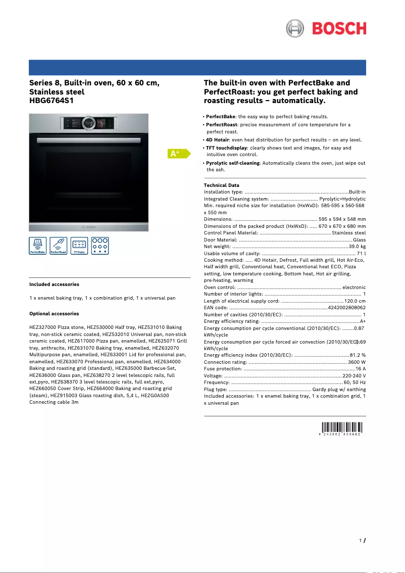 Page n°1 - Fiche technique Bosch Serie 8 HBG6764S1