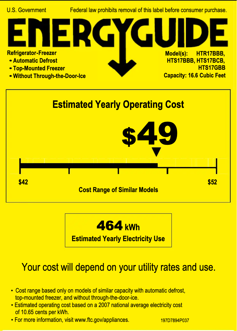 Page 1 de la notice Label énergétique Hotpoint HTS17BBBRWW