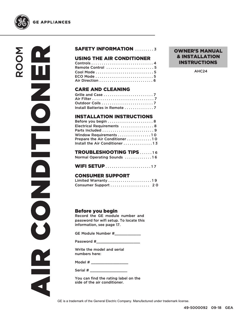 Page 1 de la notice Guide d'installation GE AHC24DY