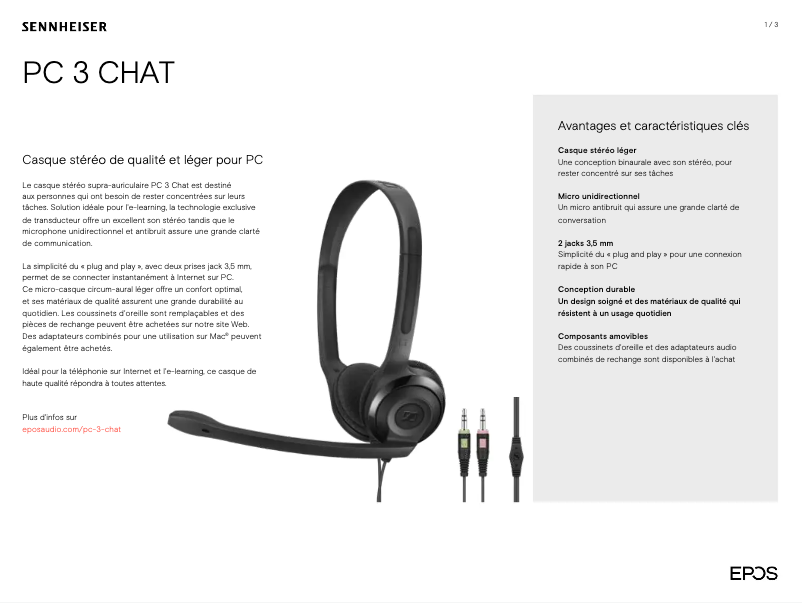 Page 1 de la notice Manuel utilisateur Sennheiser PC 3 Chat