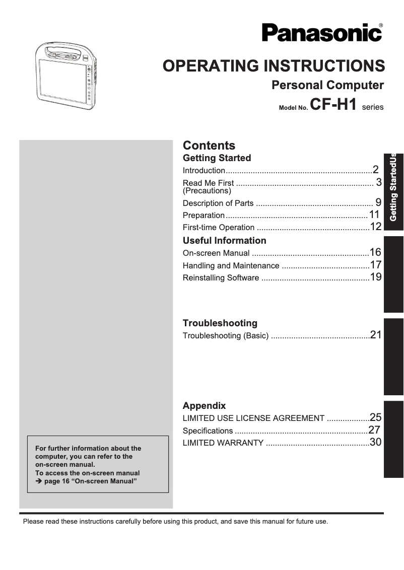 Page 1 de la notice Manuel utilisateur Panasonic Toughbook H1 Field Lite