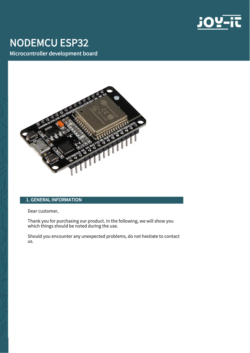 Page 1 de la notice Manuel utilisateur Joy-It NodeMCU ESP32