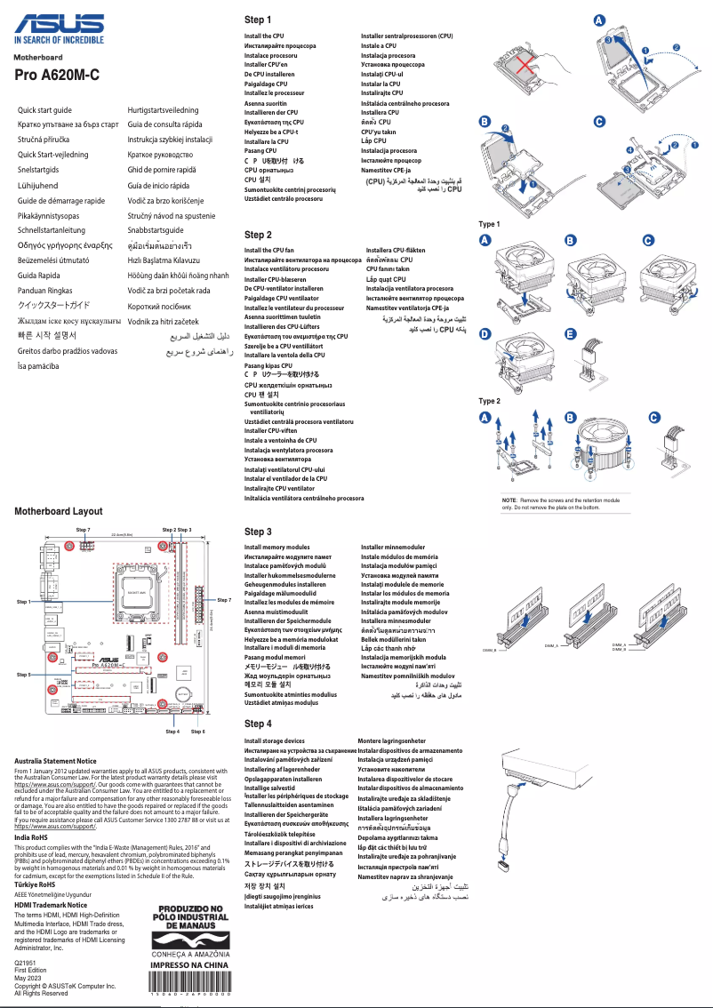 Page 1 de la notice Guide de démarrage rapide Asus Pro A620M-C
